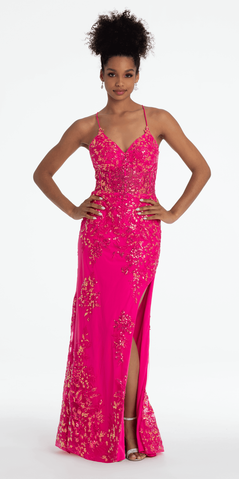 Embroidered Sequin Sweetheart Corset Column Dress with Side Slit Image 5