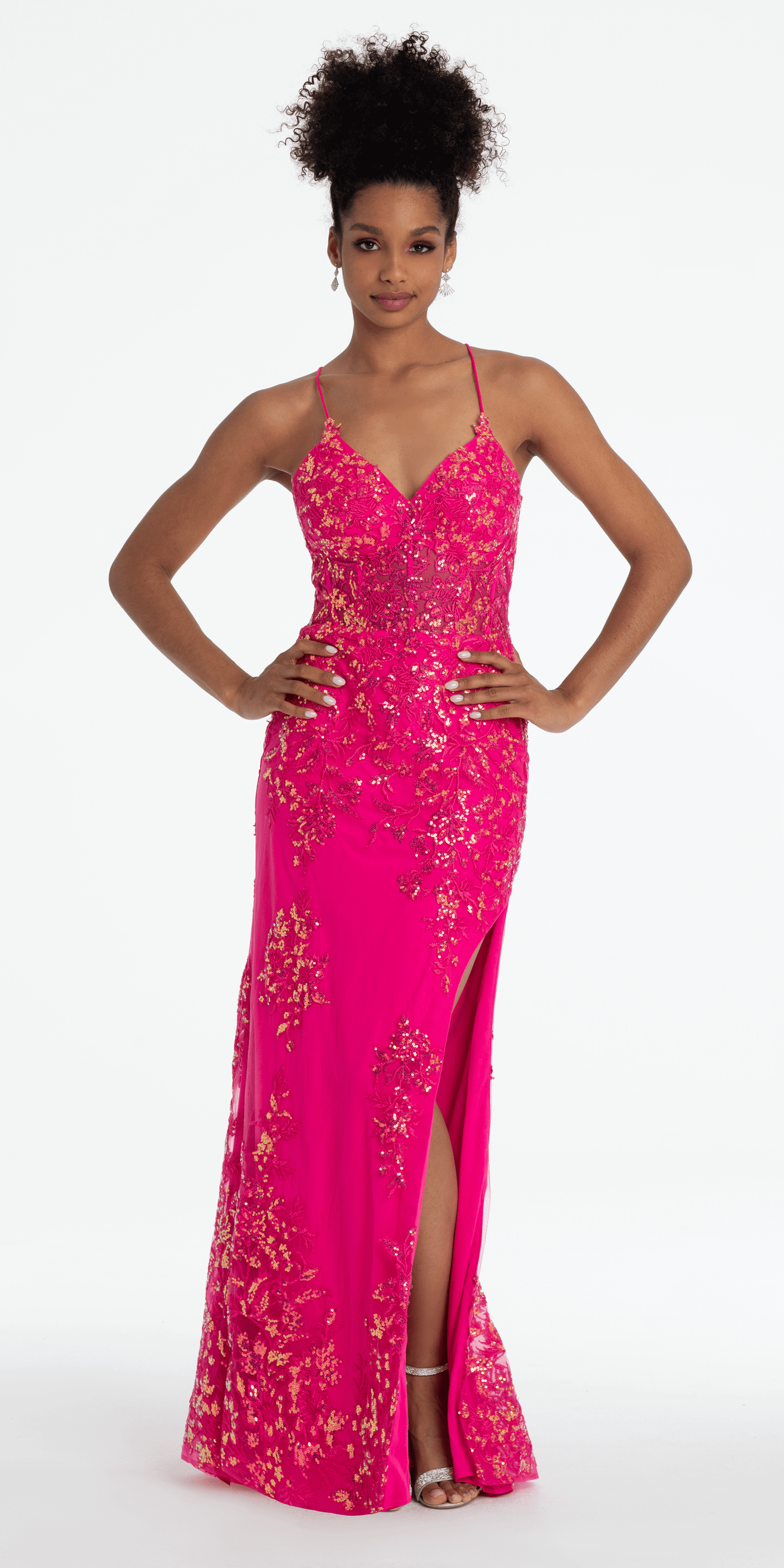 fuchsia/size/4/missy//Camille La Vie Embroidered Sequin Sweetheart Corset Column Dress with Side Slit/front alt