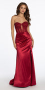 Satin Plunge Corset Column Dress with Ruching Image 2