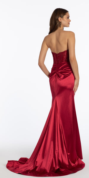 Satin Plunge Corset Column Dress with Ruching Image 4