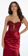 Satin Plunge Corset Column Dress with Ruching Image 3