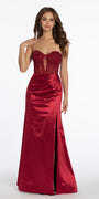 Satin Plunge Corset Column Dress with Ruching Image 1