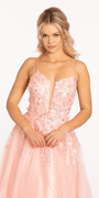 3 D Applique Glitter Mesh Plunge Lace Up Back Ballgown Image 3