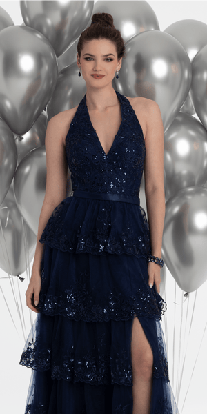 Mesh Embroidered Tiered Halter A Line Dress Image 2