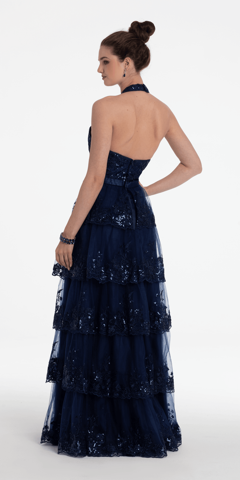 navy/size/4/missy/Camille La Vie/Mesh Embroidered Tiered Halter A Line Dress /back