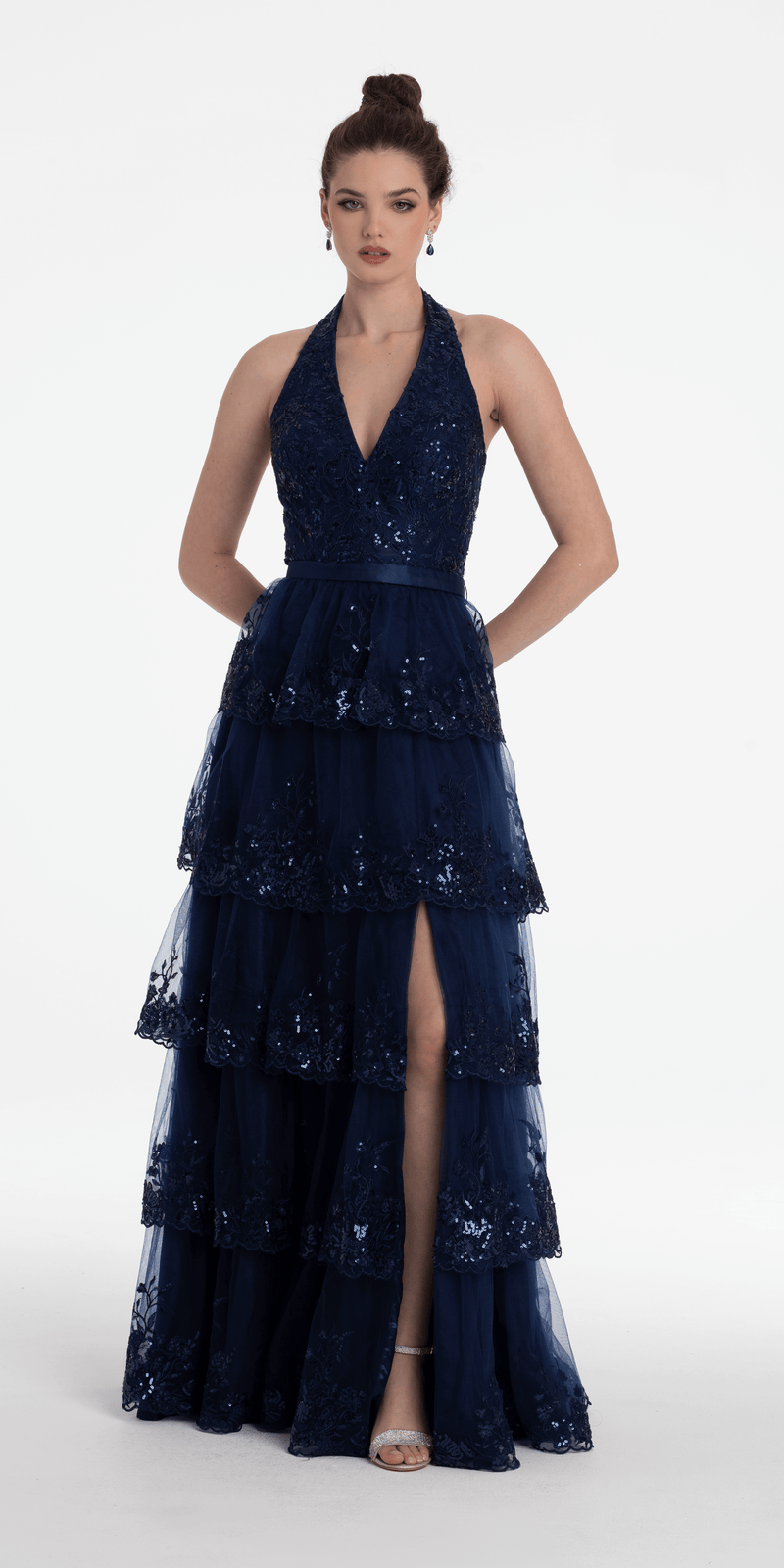 navy/size/4/missy/Camille La Vie/Mesh Embroidered Tiered Halter A Line Dress /front