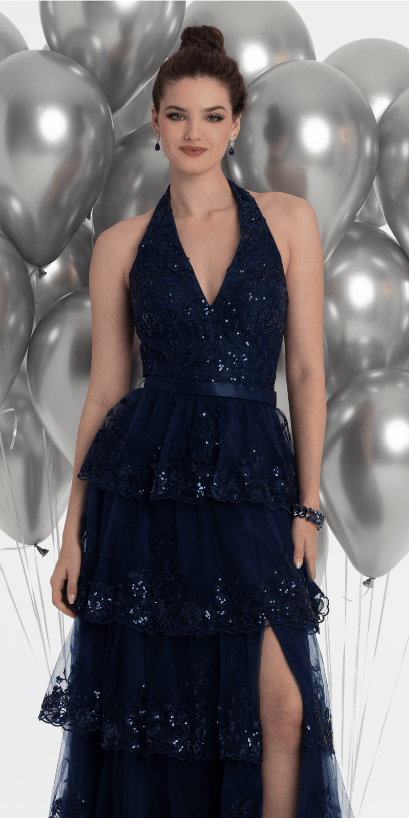 Mesh Embroidered Tiered Halter A Line Dress missy / 8 / navy