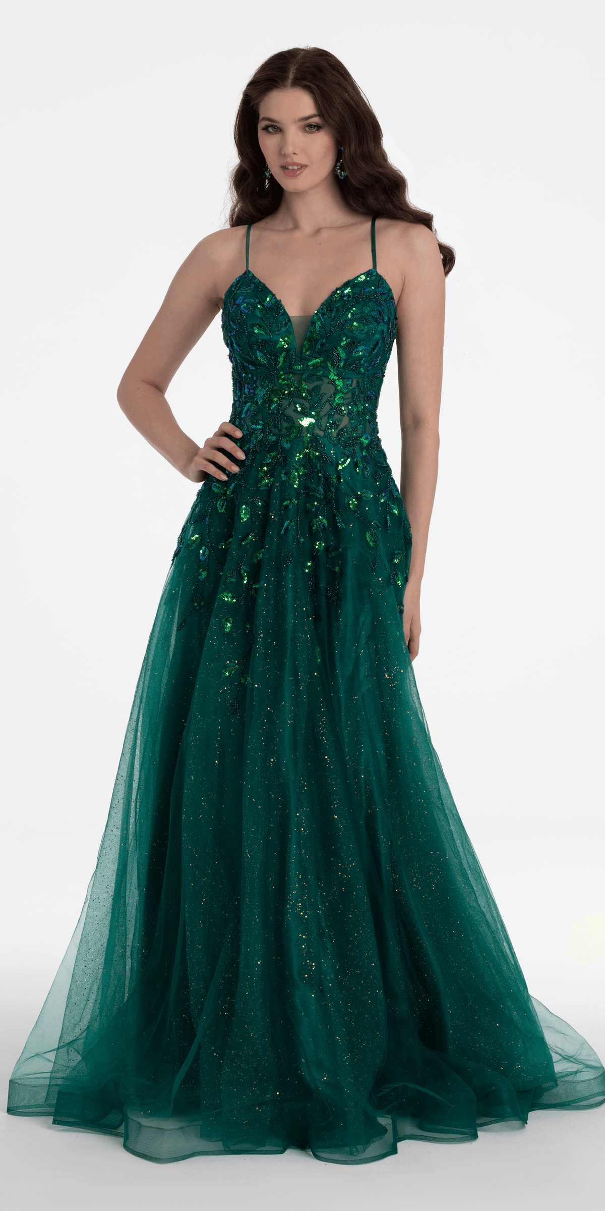tulle dress with sequins Sequin Embellished Plunge Glitter Tulle Ballgown missy / 10 / emerald