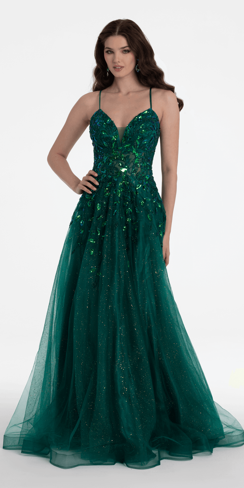 tulle dress with sequins Sequin Embellished Plunge Glitter Tulle Ballgown missy / 10 / emerald