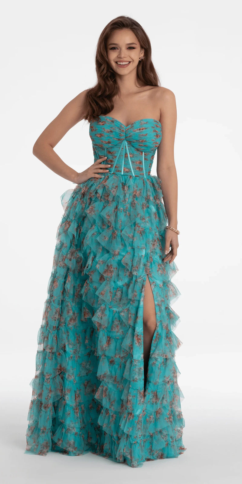 Sweetheart Ruched Print Mesh Tired A Line Dress – Camille La Vie