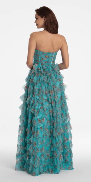 Sweetheart Ruched Print Mesh Tiered A Line Dress Image 5