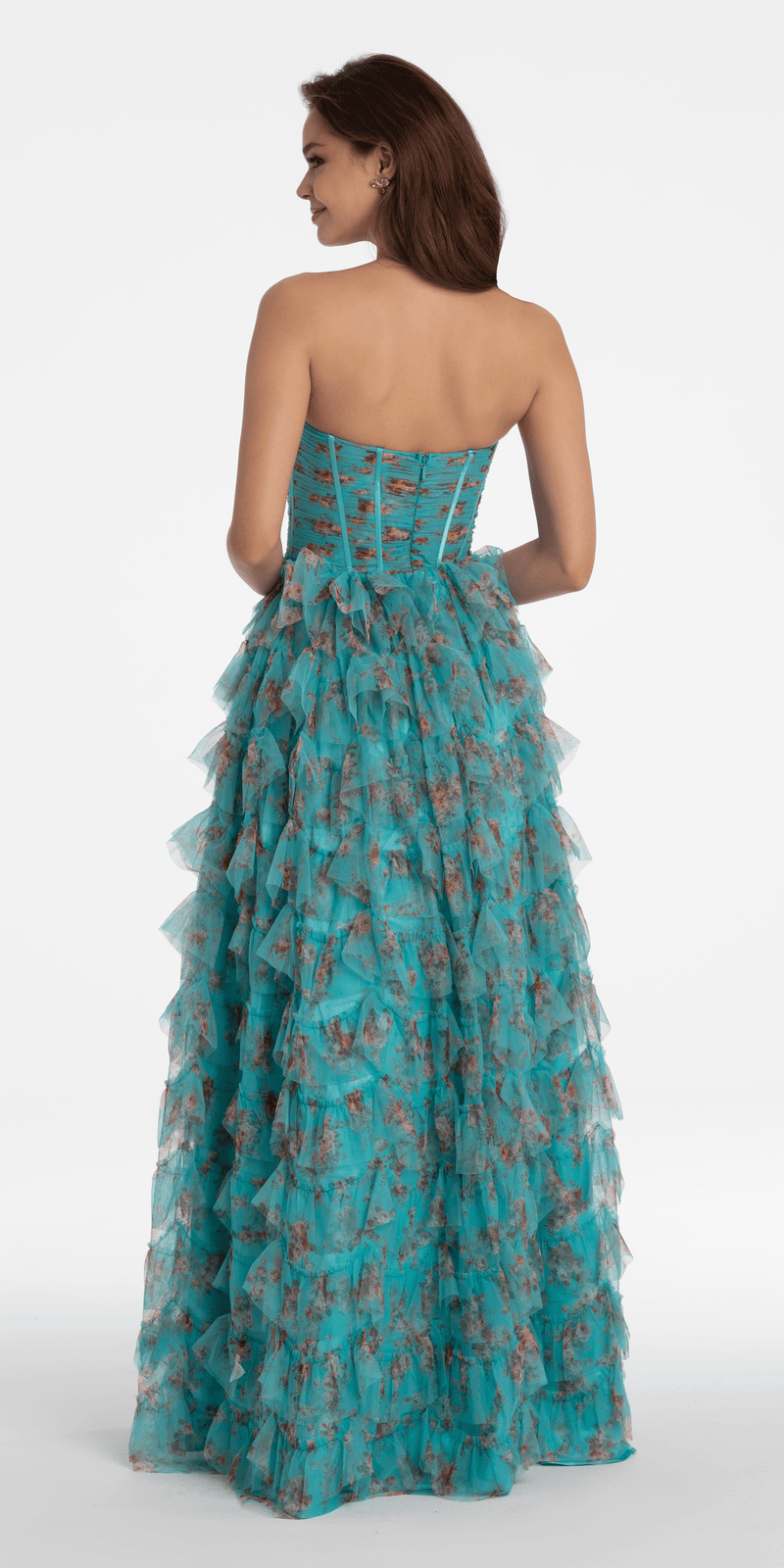 Sweetheart Ruched Print Mesh Tiered A Line Dress Image 6