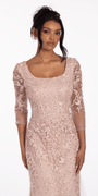 3/4 Sleeve Mesh Embroidered Column Dress with Heat Set Beads Image 2