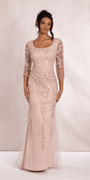 3/4 Sleeve Mesh Embroidered Column Dress with Heat Set Beads Image 1