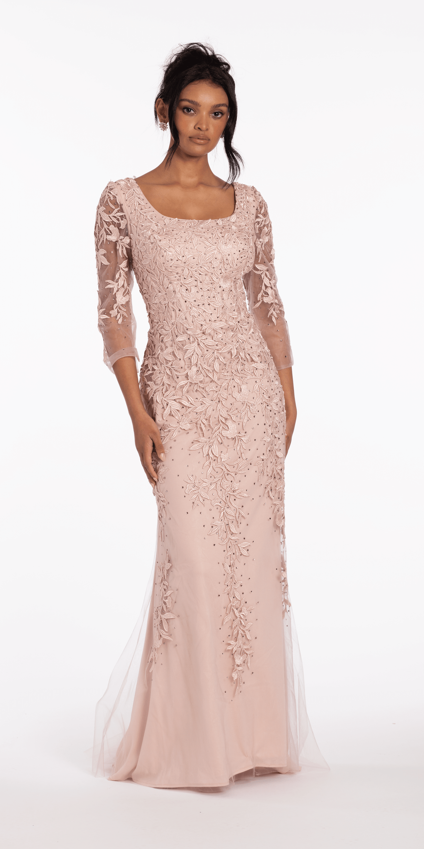 victorian-lilac/size/12/missy/Camille La Vie/3/4 Sleeve Mesh Embroidered Column Dress with Heat Set Beads/Alt