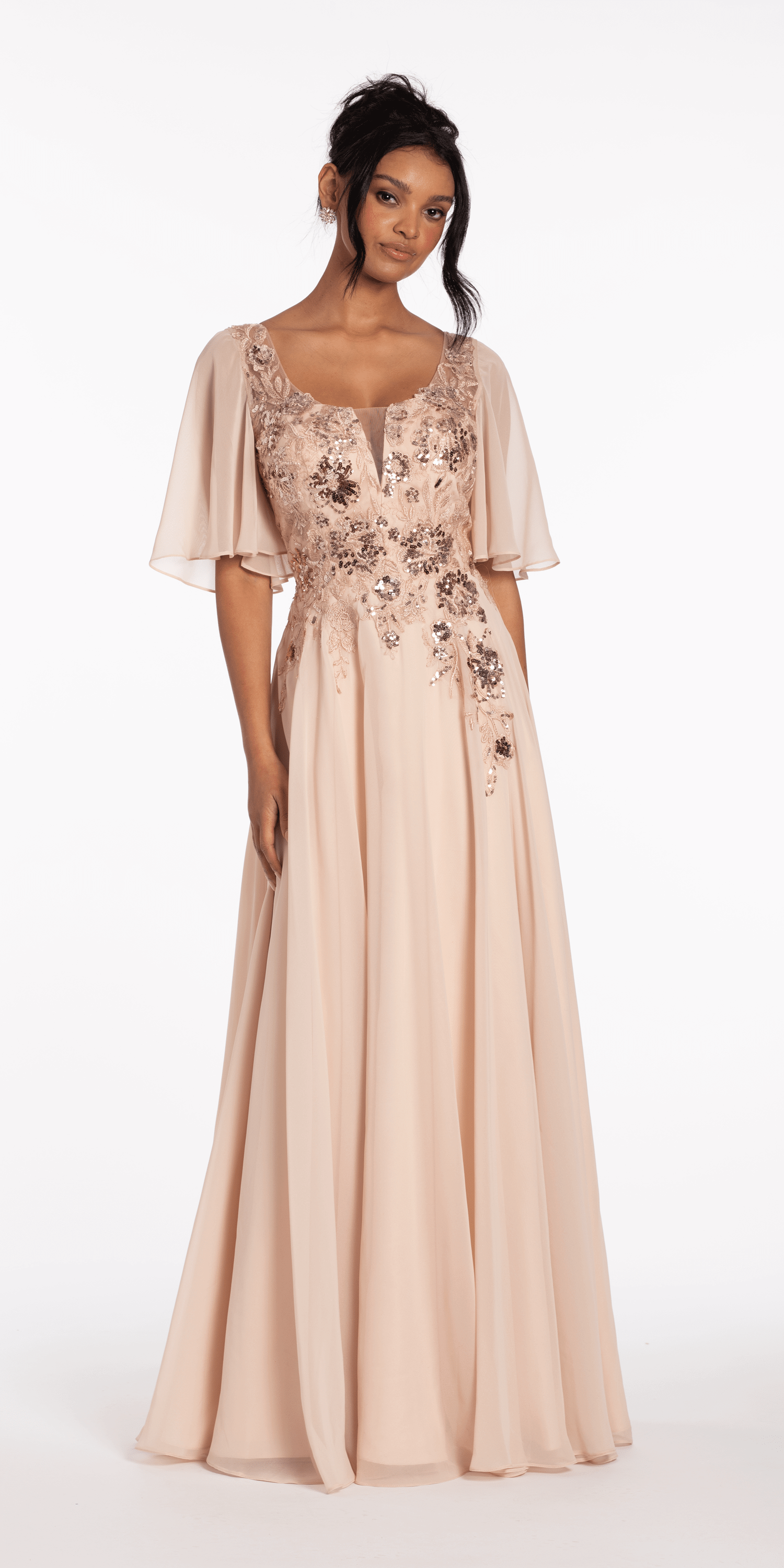 Scoop Neck Chiffon Flutter Sleeve Embroidered A-line Dress missy / 12 / shell