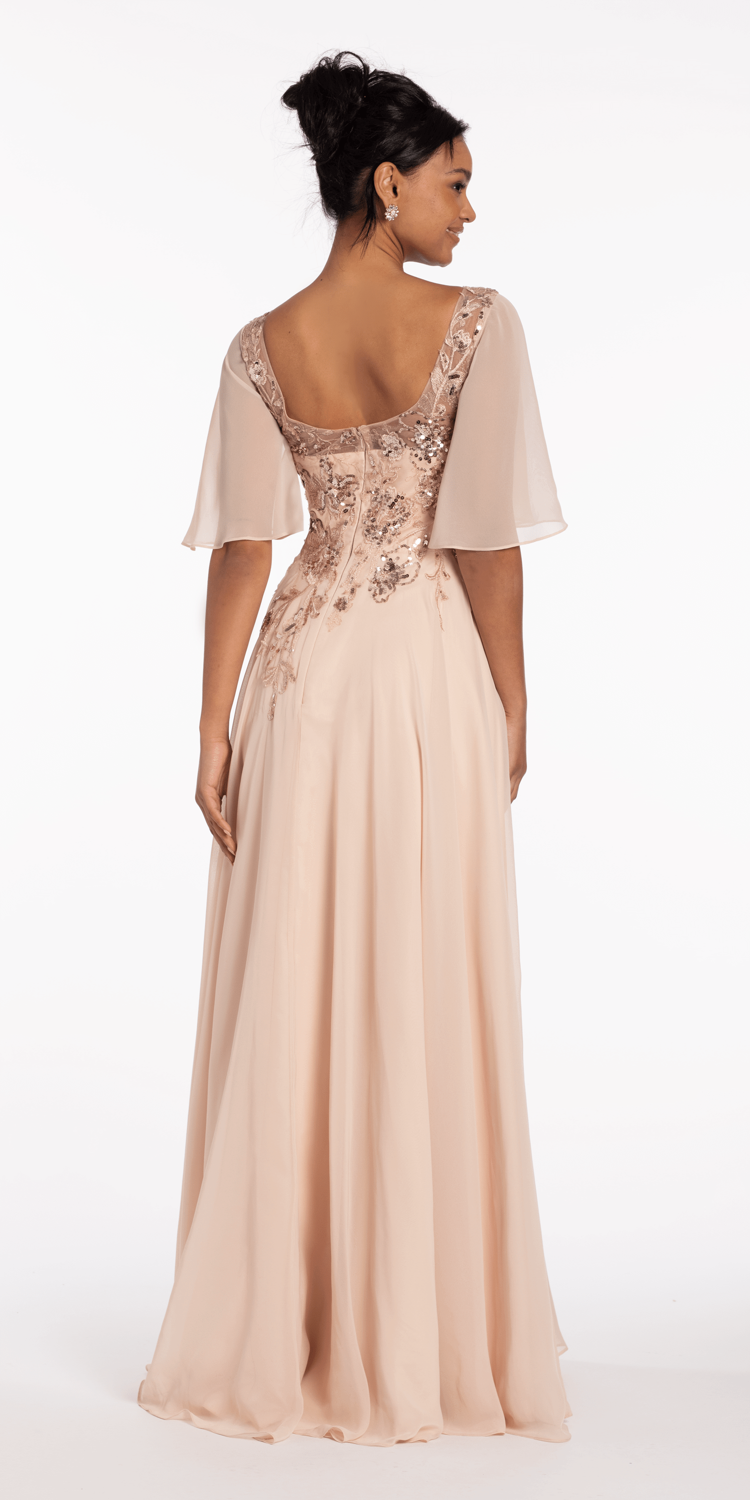 embroidered ruched flutter sleeve a line dress Scoop Neck Chiffon A-line missy / 10 / shell 510” tall