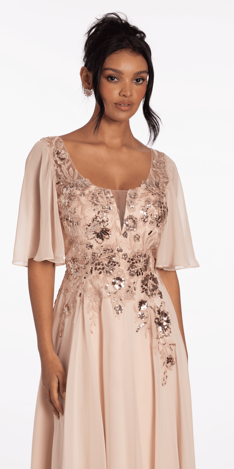 Scoop Neck Chiffon Flutter Sleeve Embroidered A-line Dress Image 4