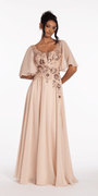 Scoop Neck Chiffon Flutter Sleeve Embroidered A-line Dress Image 3