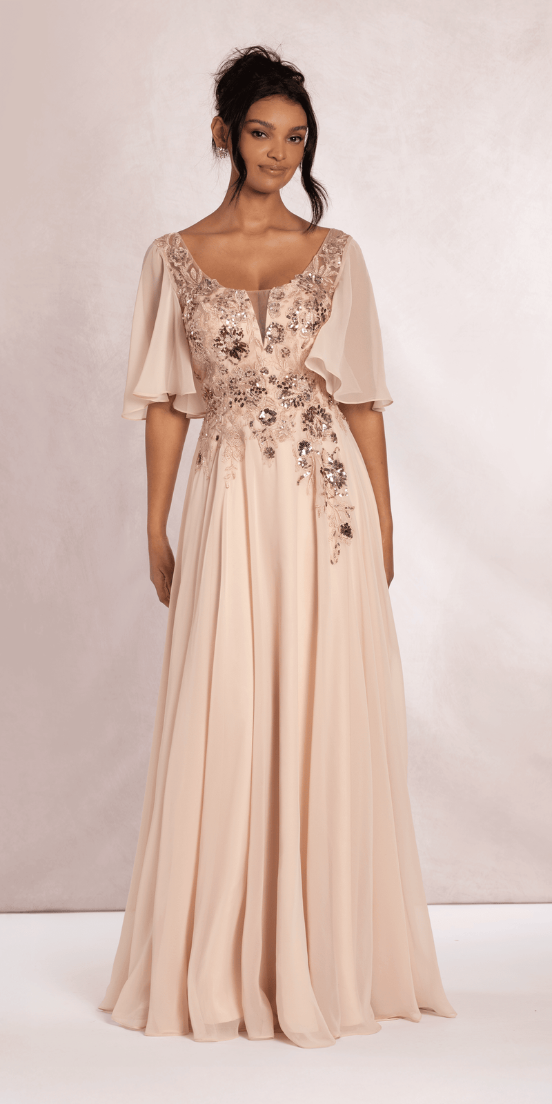 Scoop Neck Chiffon Flutter Sleeve Embroidered A-line Dress missy / 12 / shell