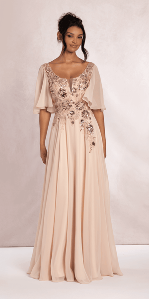 Scoop Neck Chiffon Flutter Sleeve Embroidered A-Line Dress Missy / 12 / Shell