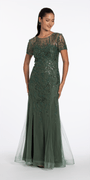 Camille La Vie Jewel Neck Embellished Short Sleeve Mesh Trumpet Dress
