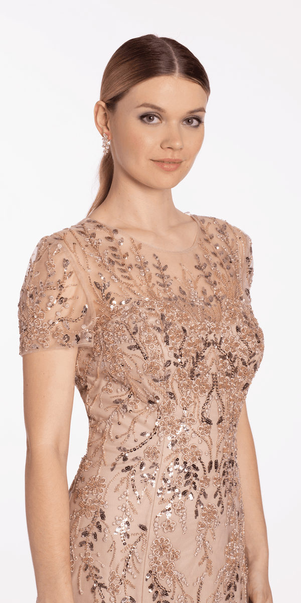 taupe/size/4/missy/Camille La Vie/Jewel Neck Embellished Short Sleeve Mesh Trumpet Dress/alt 2