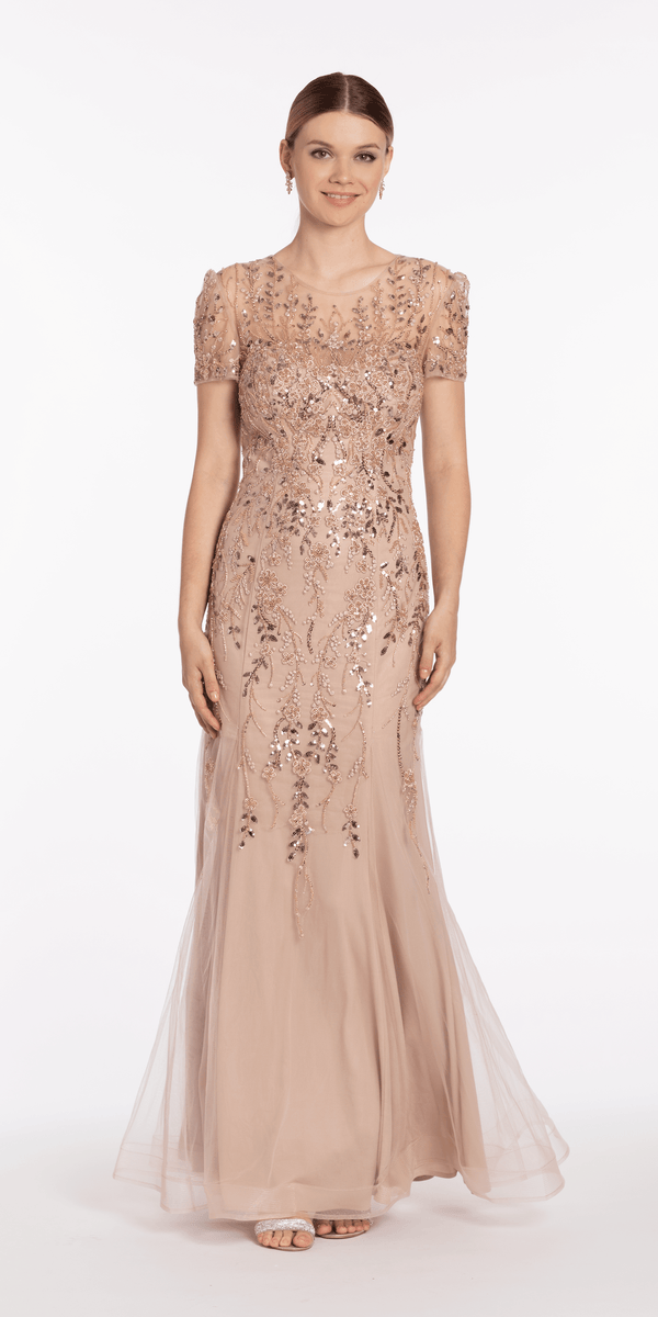 taupe/size/4/missy/Camille La Vie/Jewel Neck Embellished Short Sleeve Mesh Trumpet Dress/alt