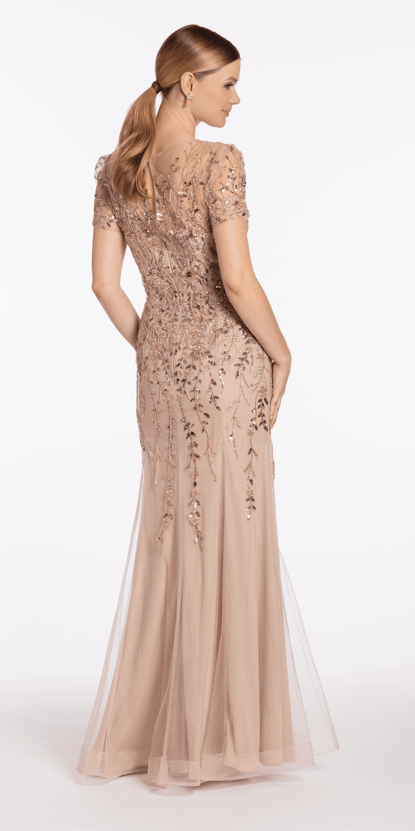 taupe/size/4/missy/Camille La Vie/Jewel Neck Embellished Short Sleeve Mesh Trumpet Dress/back