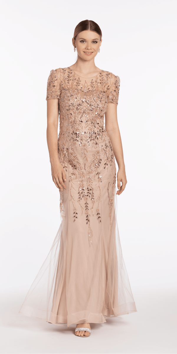 taupe/size/4/missy/Camille La Vie/Jewel Neck Embellished Short Sleeve Mesh Trumpet Dress/front