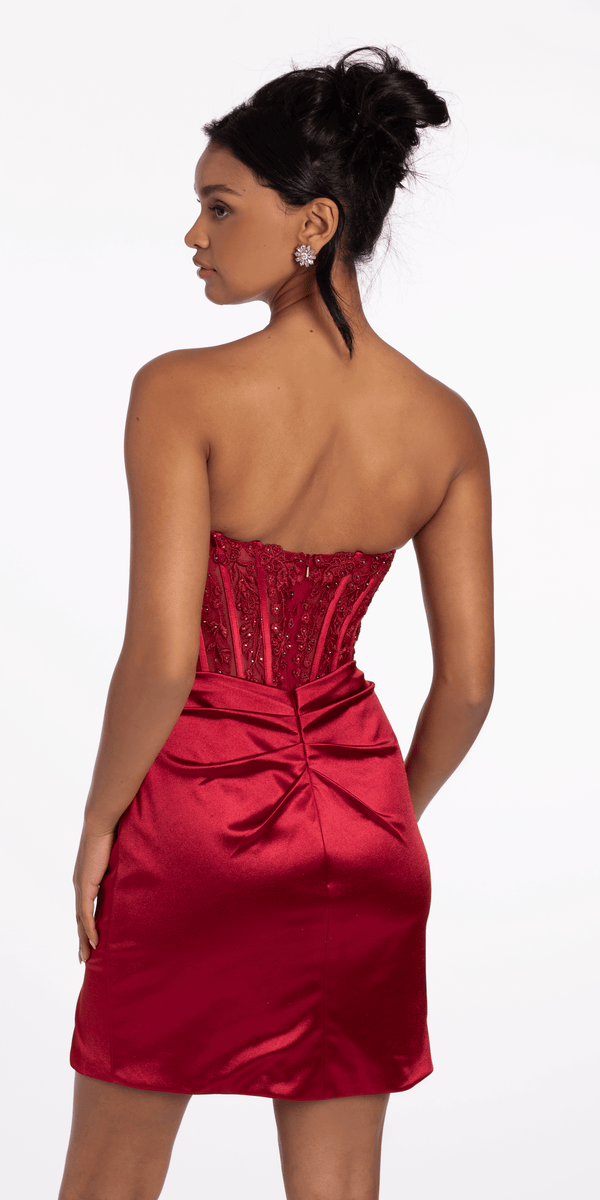 Lace Embroidered Strapless Satin Sweetheart Corset Bodycon Dress Image 5
