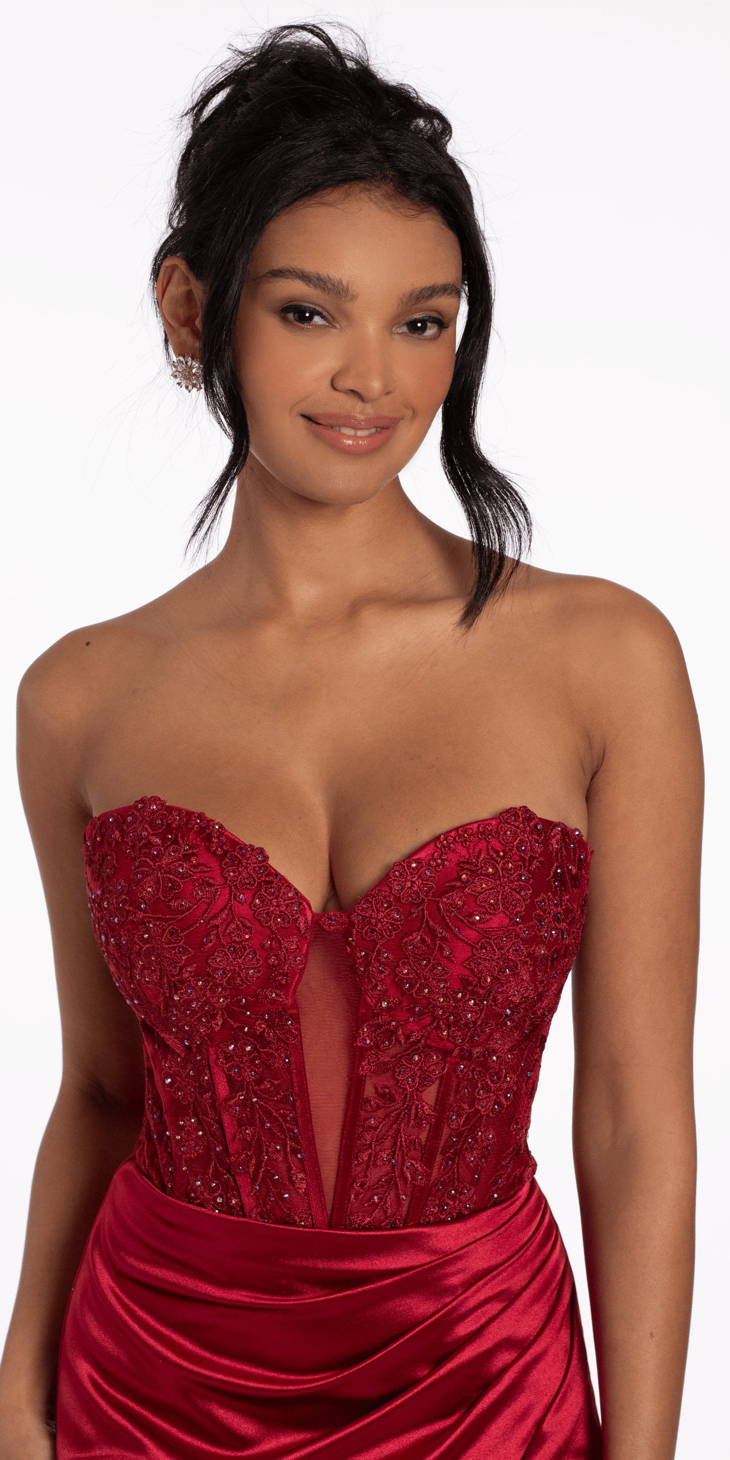 Camille La Vie/ Lace Embroidered Satin Sweetheart Corset Bodycon Dress/wine/missy/size 2/close up1