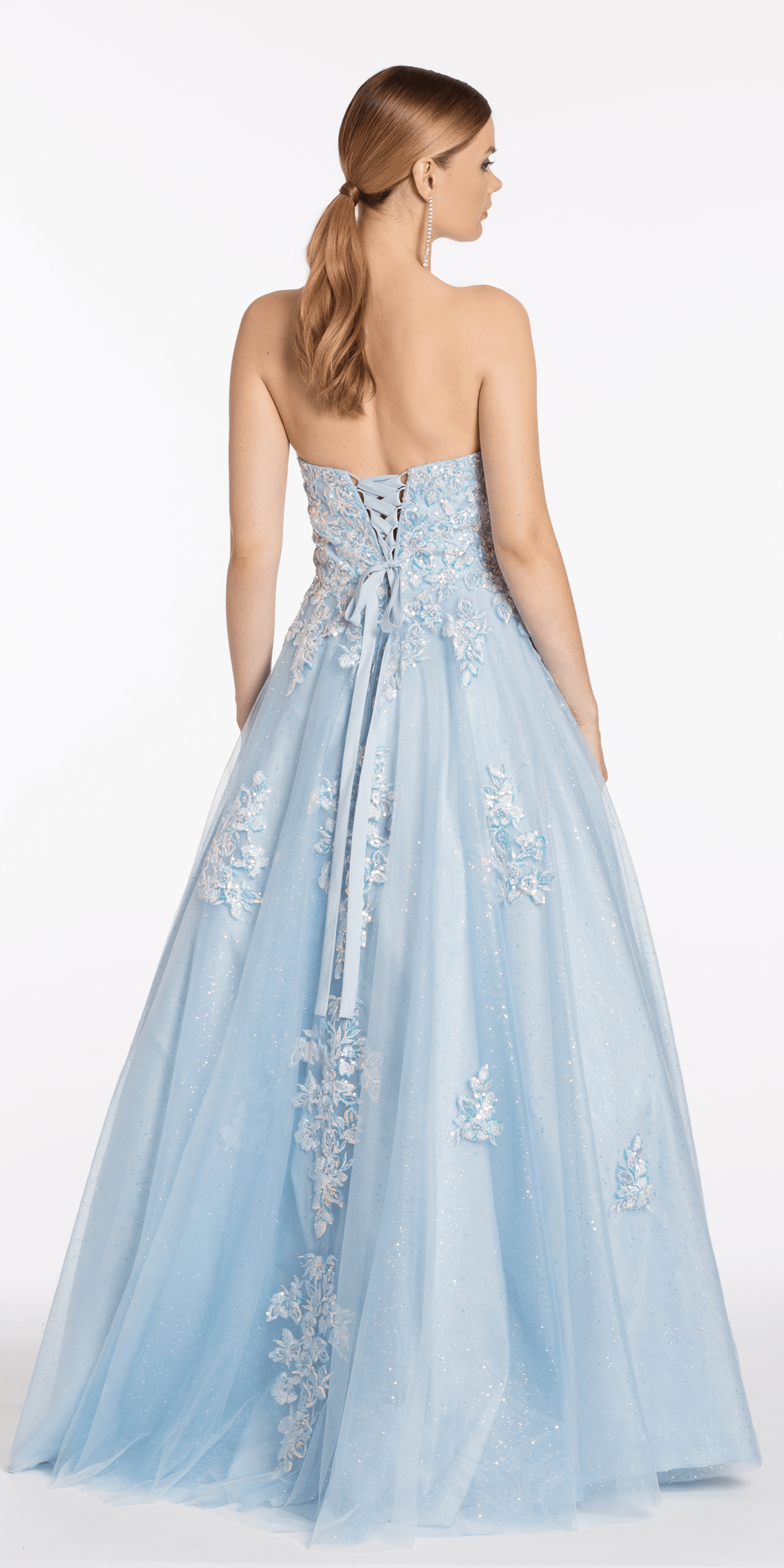 light-blue/size/00/missy/Camille La Vie/Strapless Embellish Glitter Ballgown with Floral Appliques/back