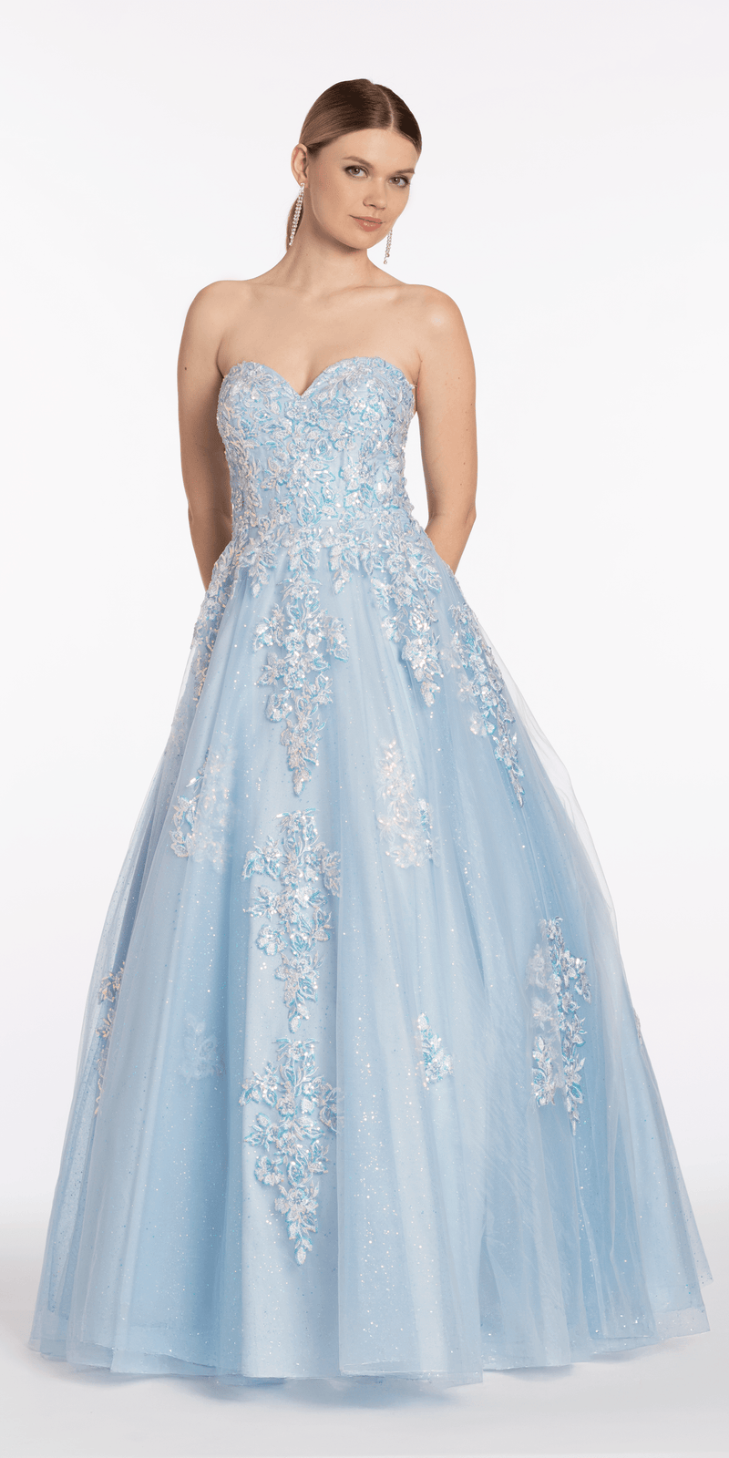 Strapless Embellish Glitter Ballgown with Floral Appliques missy / 8 / light-blue Strapless Embellish Glitter Ballgown with Floral Appliques missy / 8 / light-blue