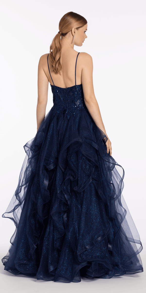 navy/size/4/missy/Camille La Vie/Sequin Plunge Corset Tulle Tiered Ballgown/back