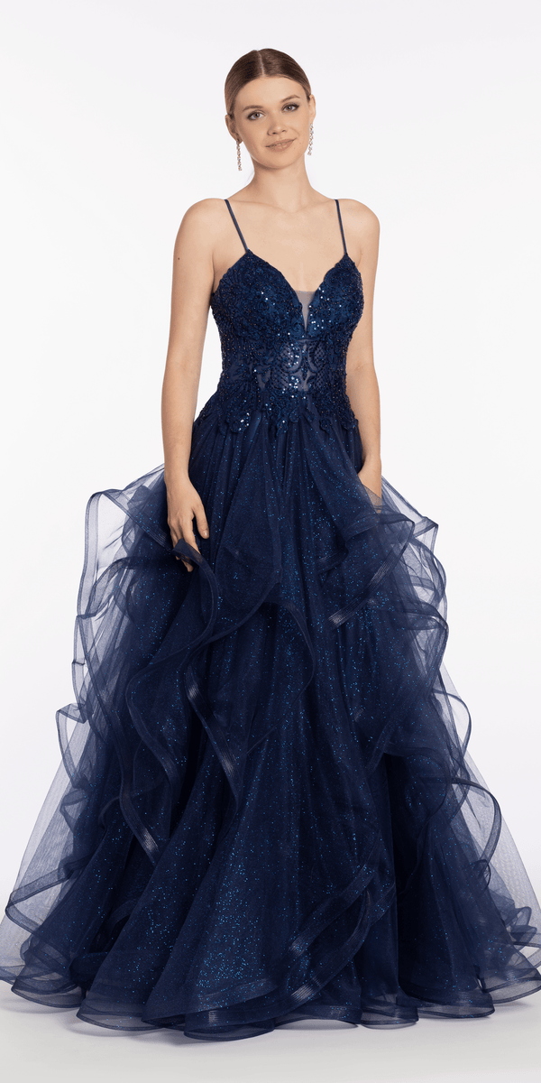 navy/size/4/missy/Camille La Vie/Sequin Plunge Corset Tulle Tiered Ballgown/front