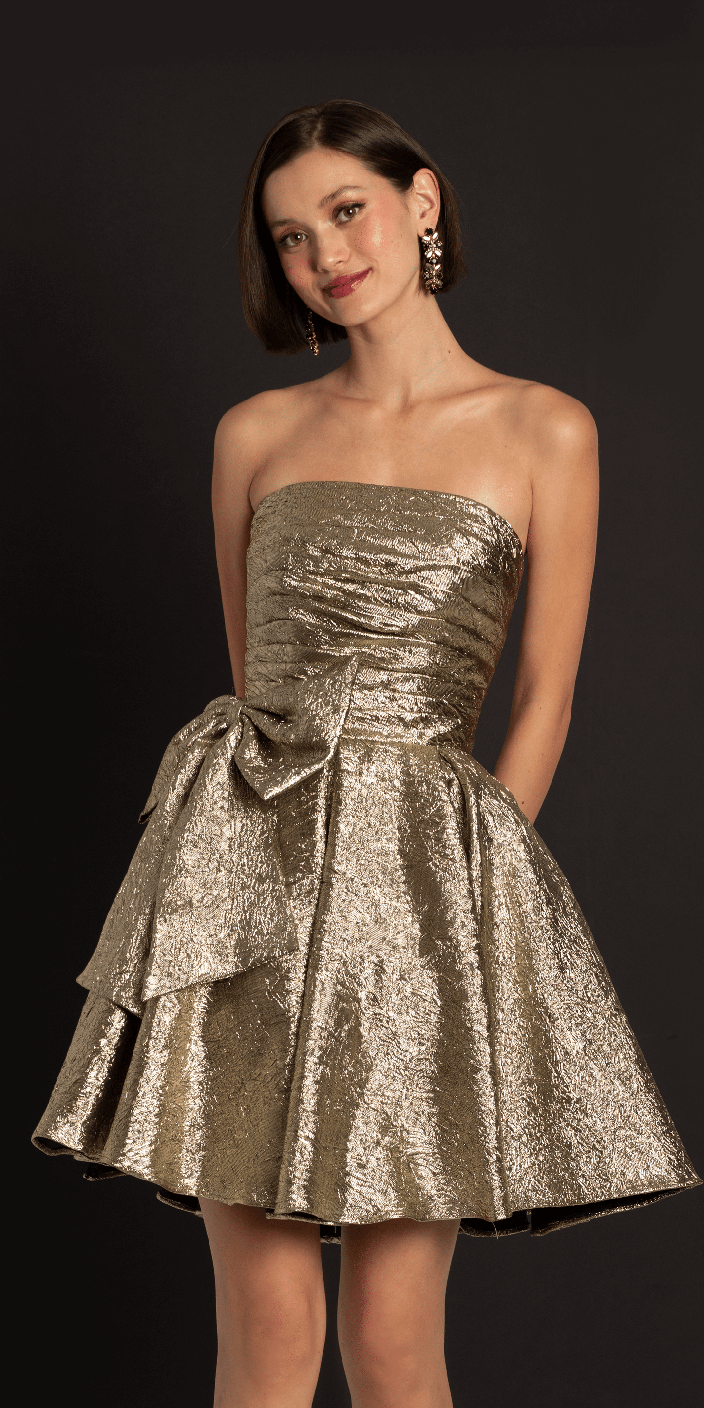 gold/size/00/missy/Camille La Vie/Metallic Crinkle Pleated Strapless Fit and Flare Dress with Bow/front 1