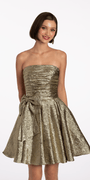 Metallic Crinkle Pleated Strapless Fit and Flare Dress with Bow Image 1