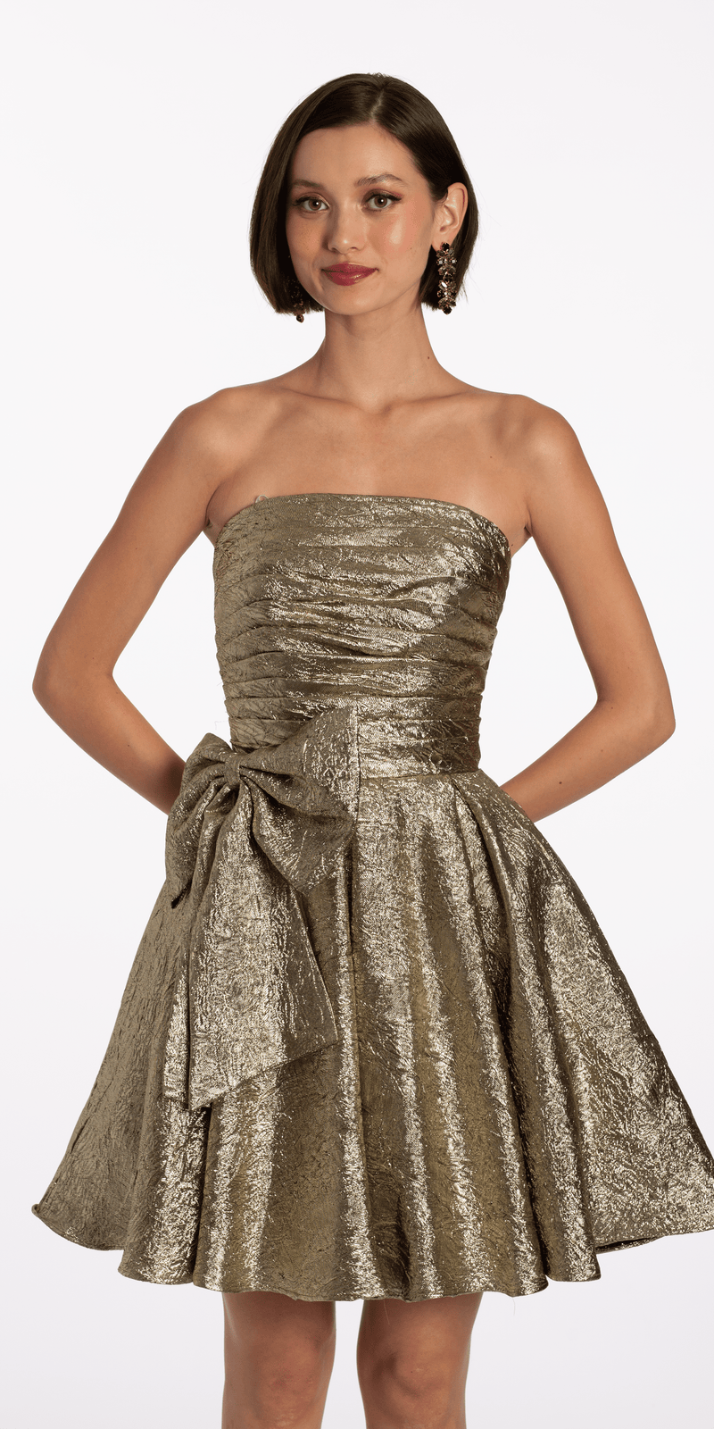 Metallic Crinkle Pleated Strapless Fit and Flare Dress with Bow Image 2