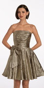 Metallic Crinkle Pleated Strapless Fit and Flare Dress with Bow Image 2