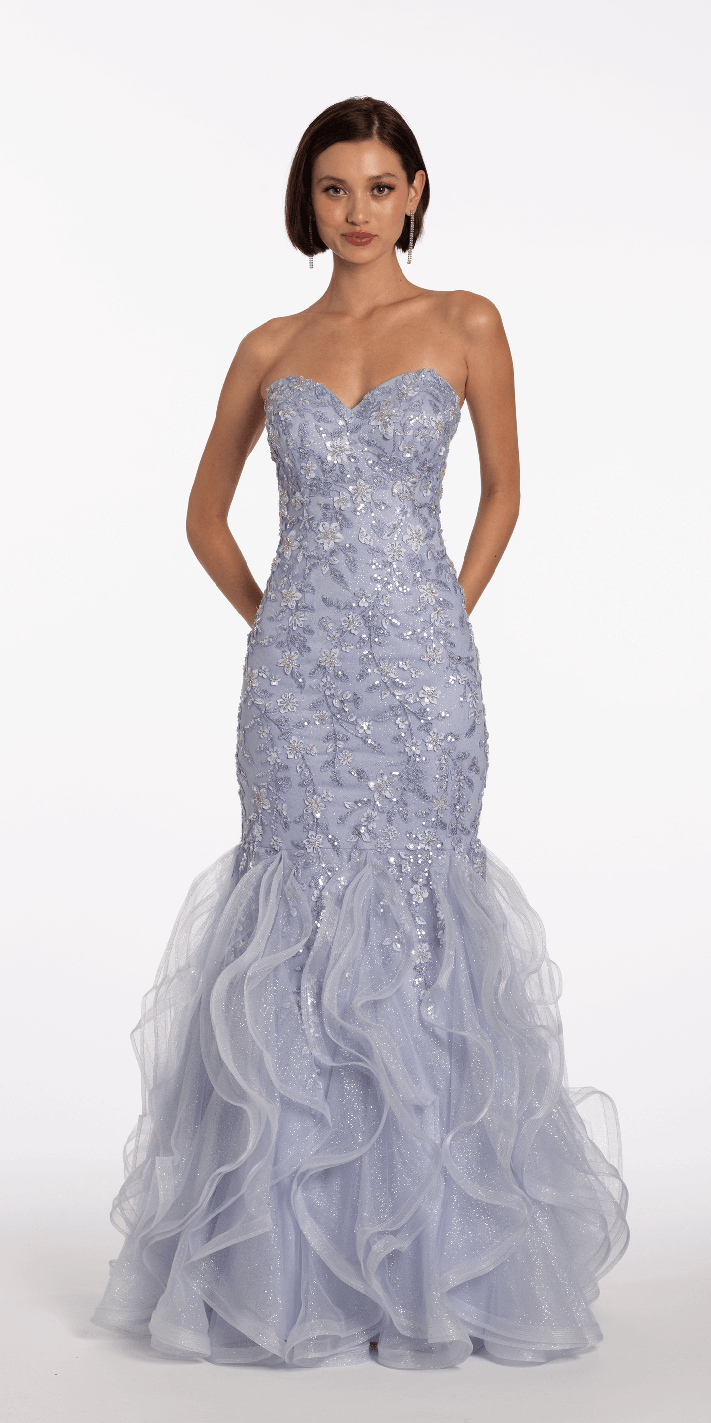 periwinkle/size/0/missy/Camille La Vie/Floral Embellished Strapless Mermaid Dress with Horsehair Godets/front
