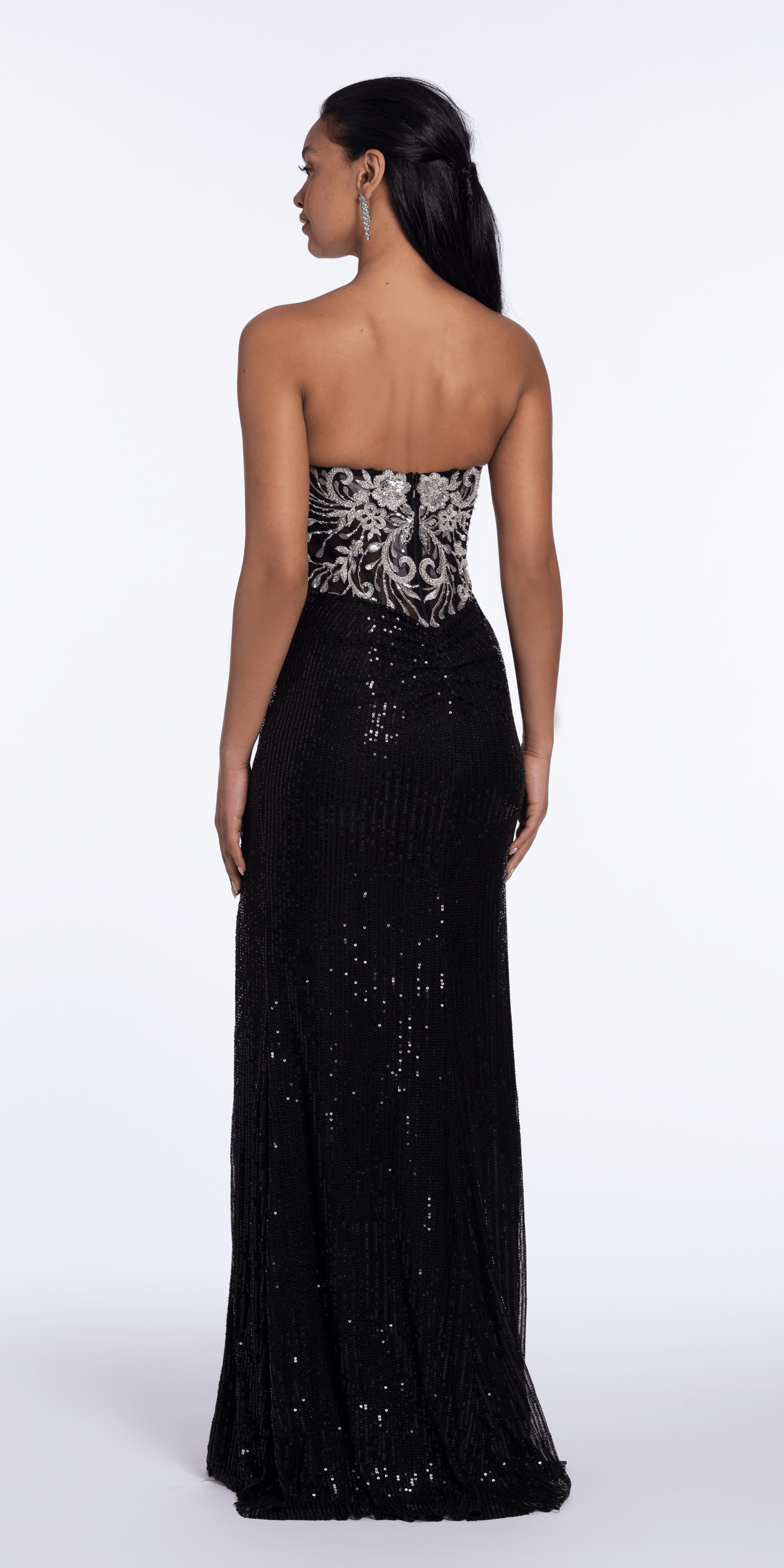 black-silver/size/4/missy/Camille La Vie/Beaded Strapless Sequin Column Dress with Ruching /back1