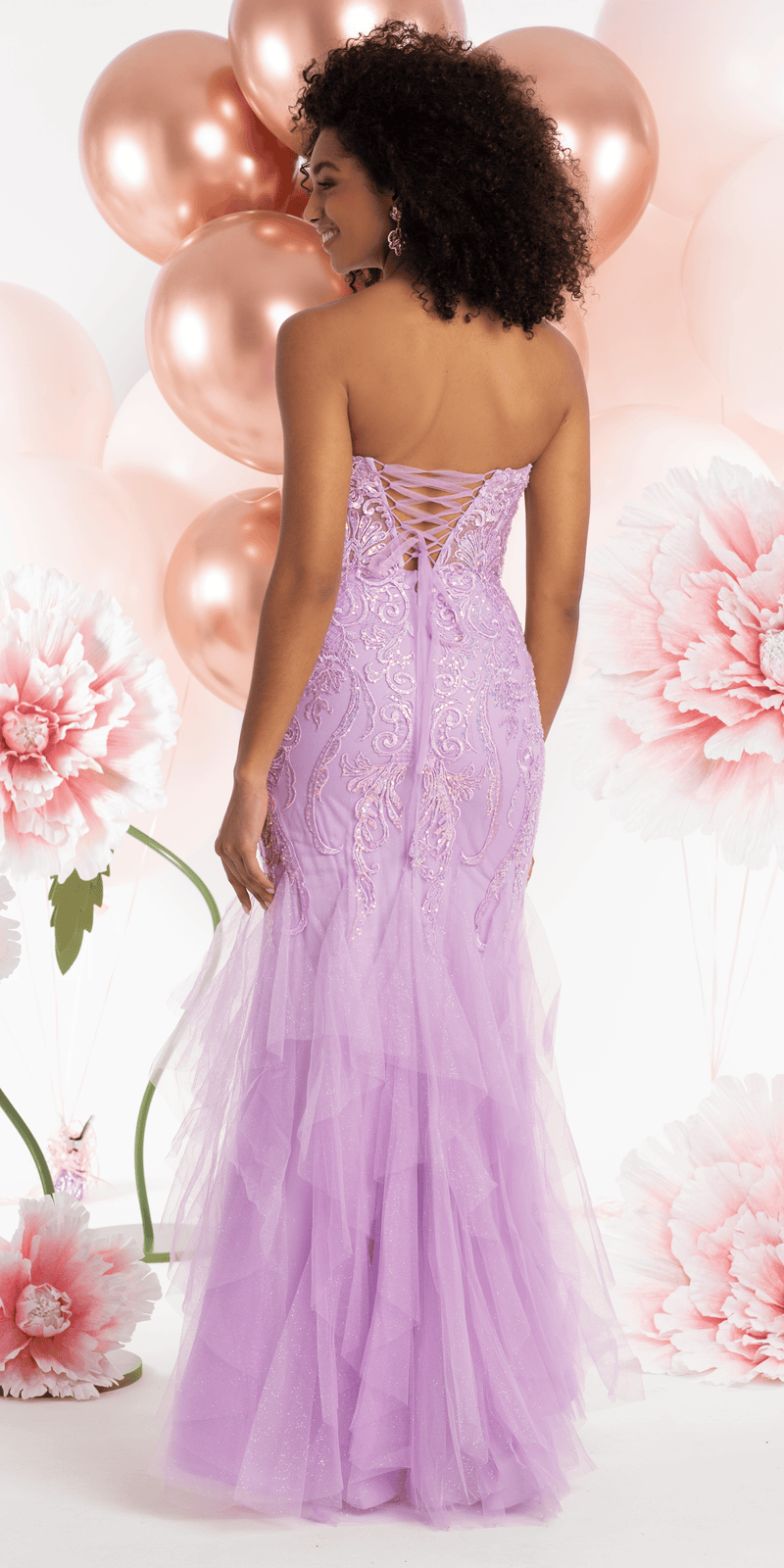 Embroidered Strapless Glitter Mesh Corset Mermaid Dress with Tendrils Image 4