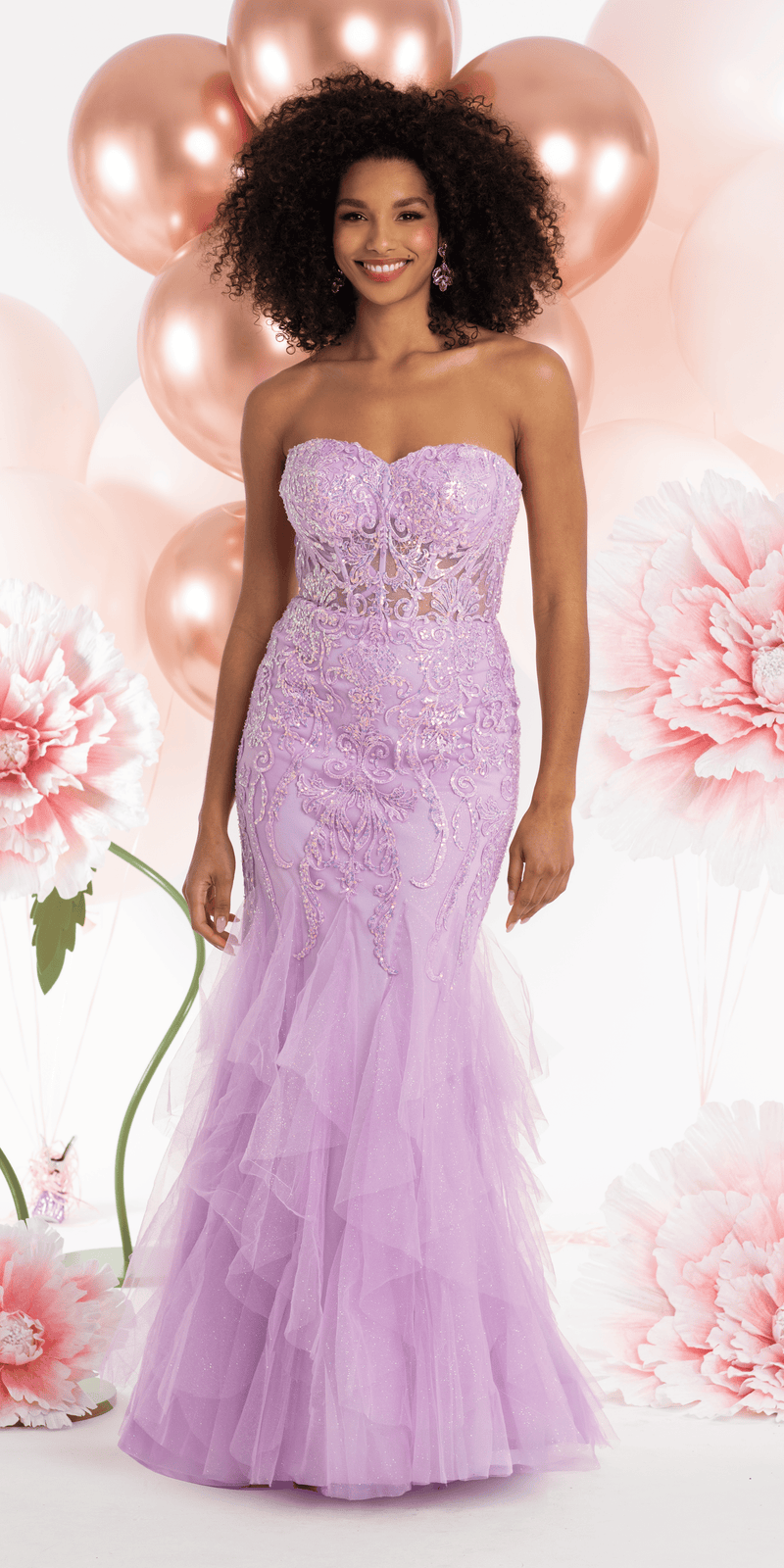 Embroidered Strapless Glitter Mesh Corset Mermaid Dress with Tendrils Image 1