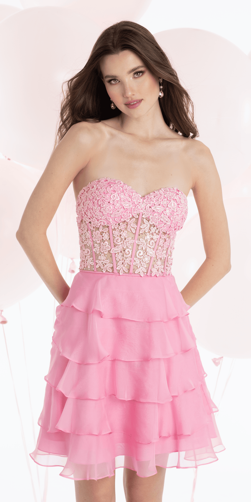 Chiffon Strapless Embroidered Corset Tiered Fit and Flare Dress Image 1