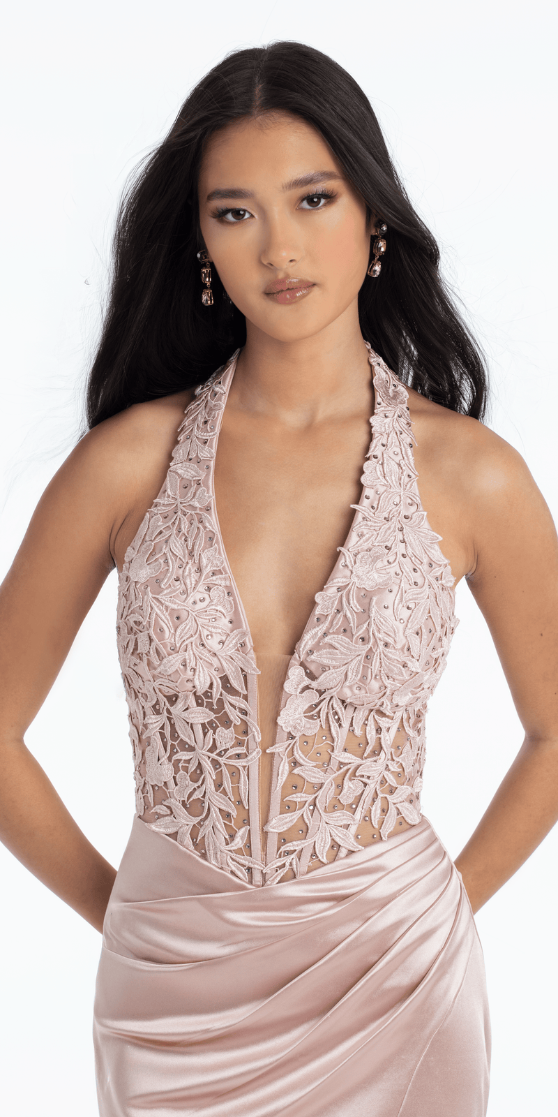 Embroidered Halter Stretch Satin Trumpet Dress with Train