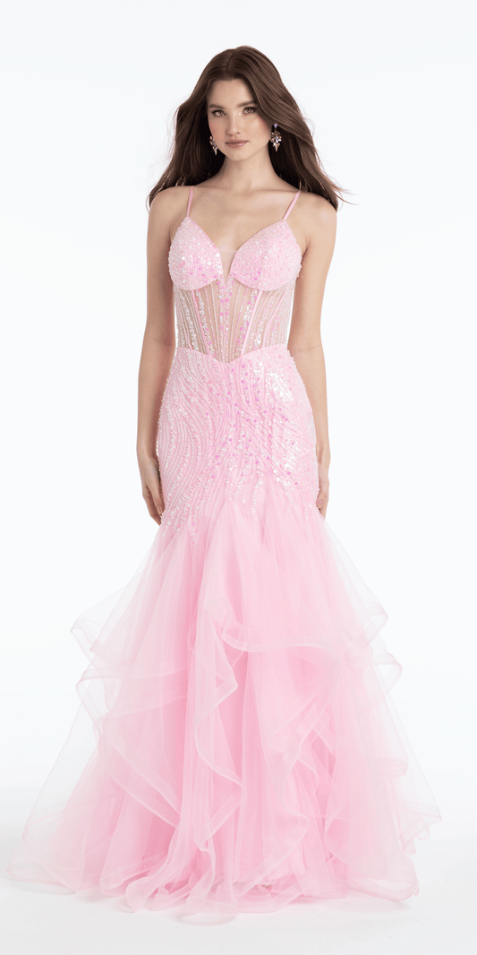 Sweetheart Sequin Mesh Corset Tiered Mermaid Dress – Camille La Vie