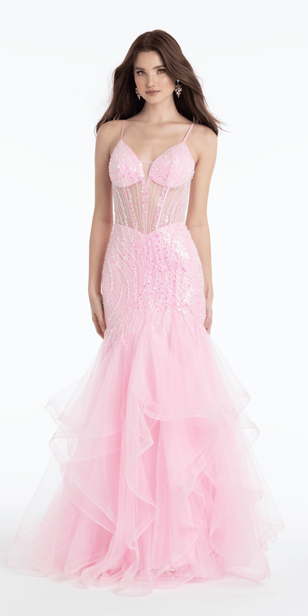Sweetheart Sequin Mesh Corset Tiered Mermaid Dress missy / 4 / ice-pink