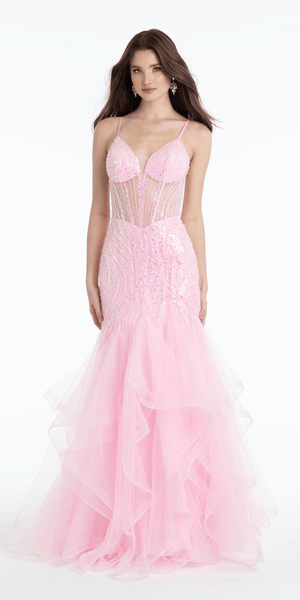 Sweetheart Sequin Mesh Corset Tiered Mermaid Dress Missy / 4 / Ice-Pink