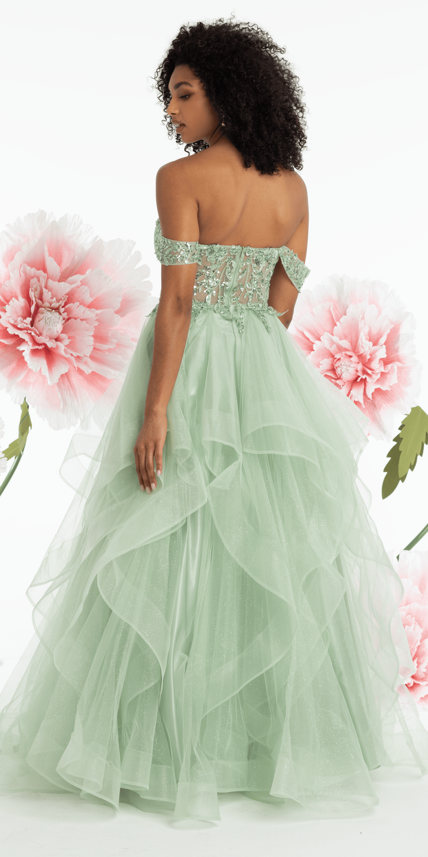 Embroidered Off the Shoulder Beaded Glitter Tulle Tiered Ballgown - Camille La Vie